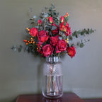 60cm Artificial Red Rose and Eucalyptus Glass Diamond Vase