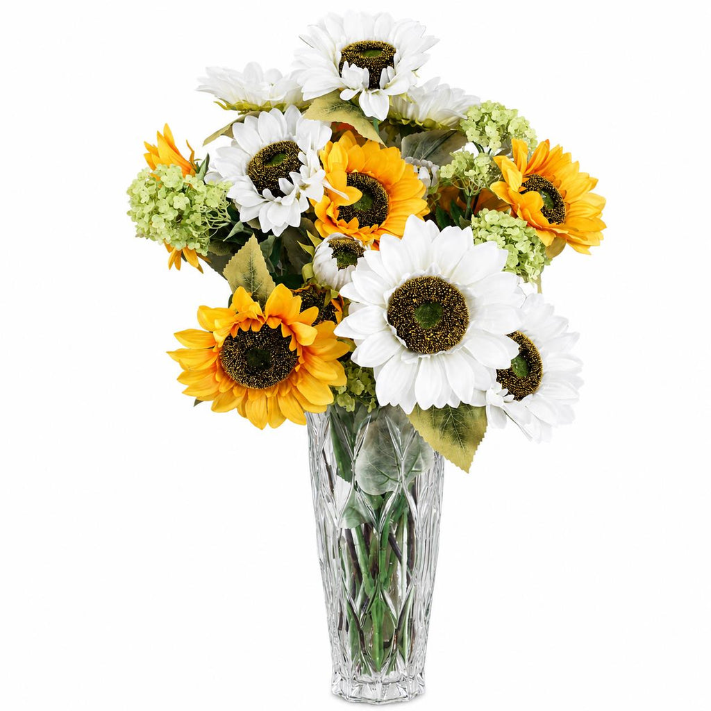 80cm Artificial White and Yellow Sunflower Mix Glass Vase