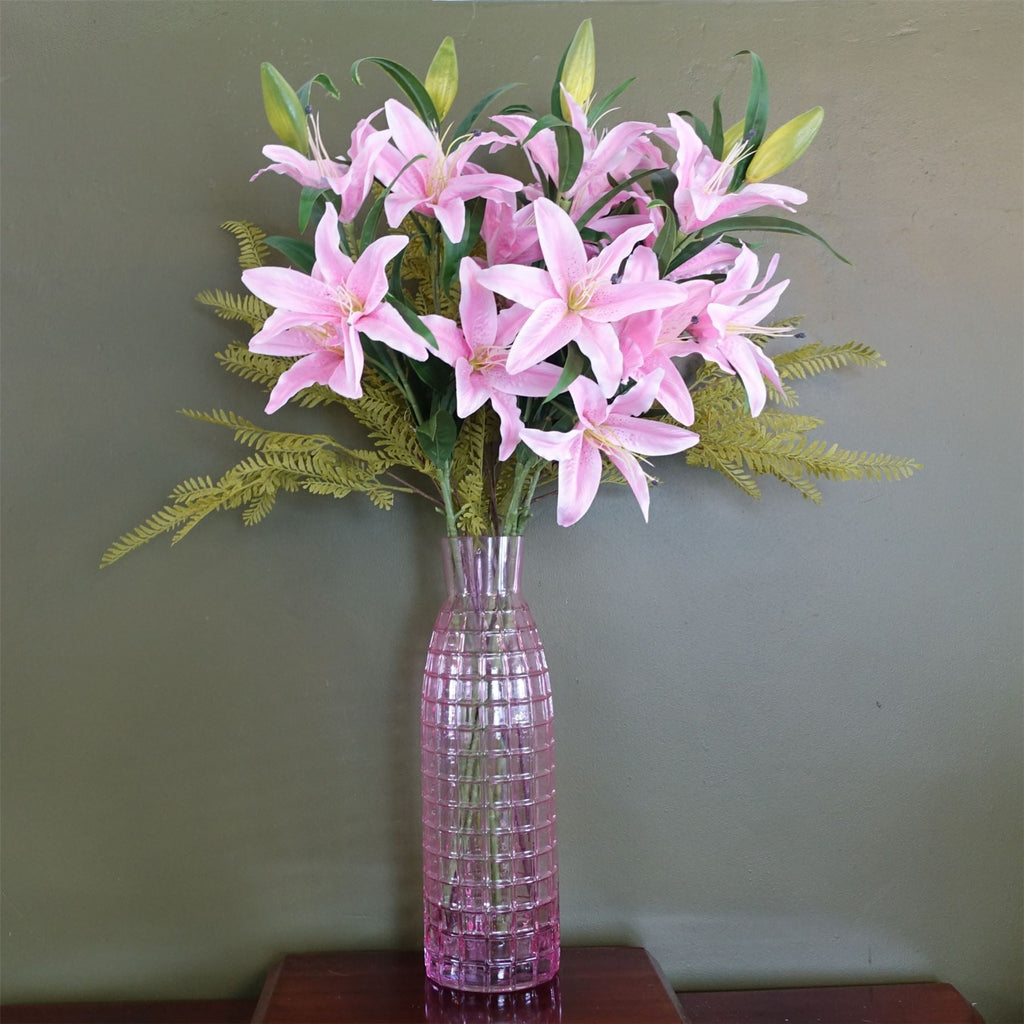 100cm Artificial Pink Lily and Fern Display Glass Vase