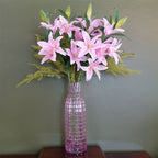 100cm Artificial Pink Lily and Fern Display Glass Vase