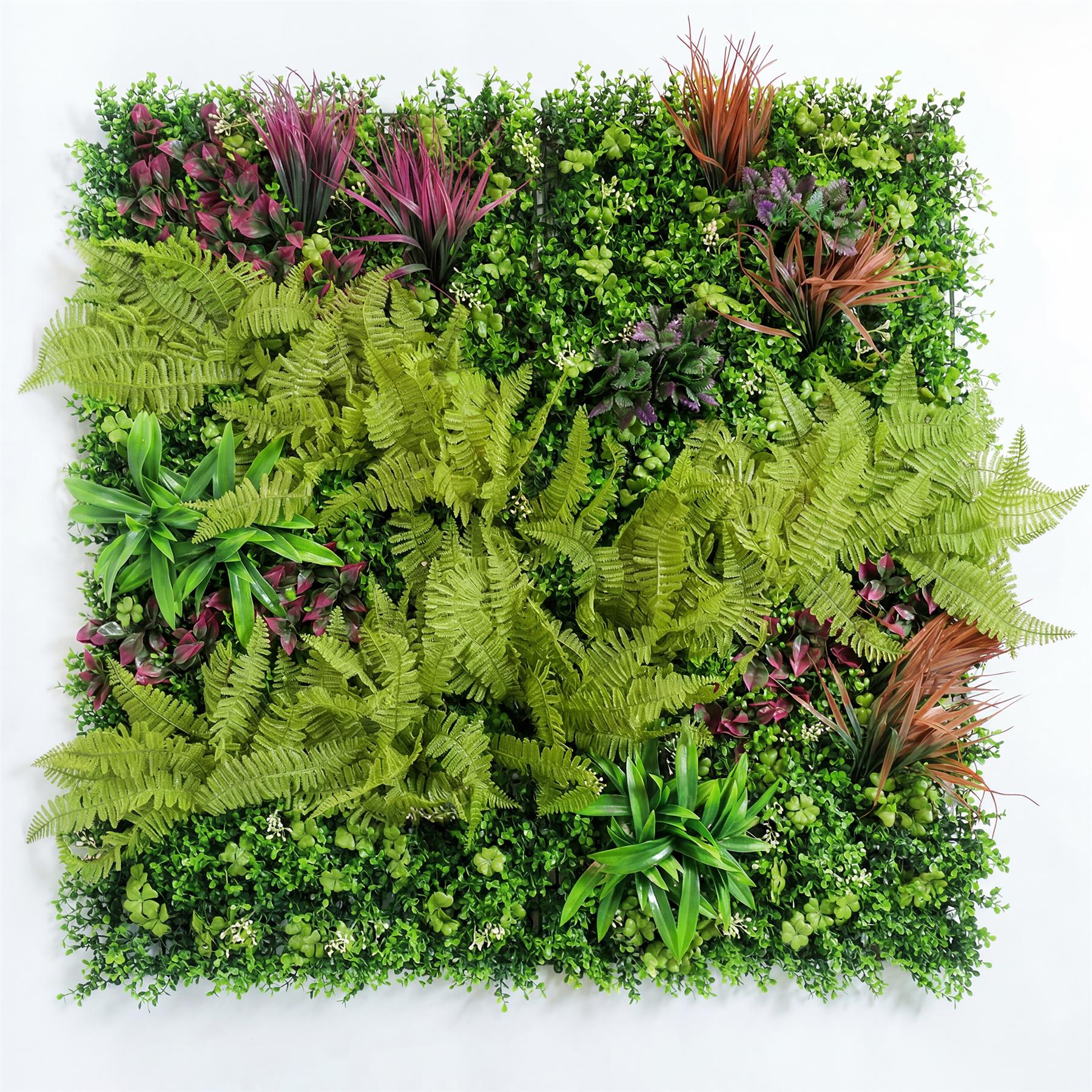 100cm Artificial Fern Mixed Foliage Green Wall Panel Burgundy Grass