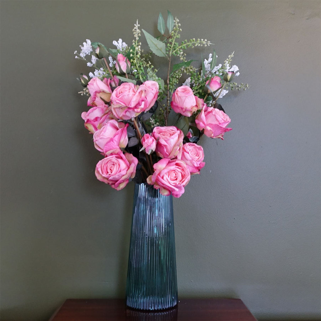 60cm Pink Rose Artificial Flower Display Glass Vase