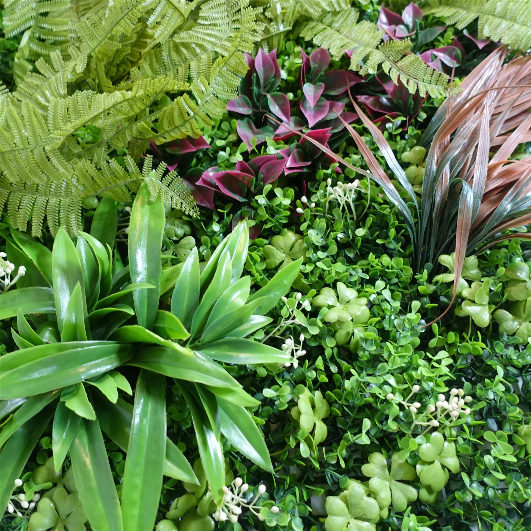100cm Artificial Fern Mixed Foliage Green Wall Panel Burgundy Grass