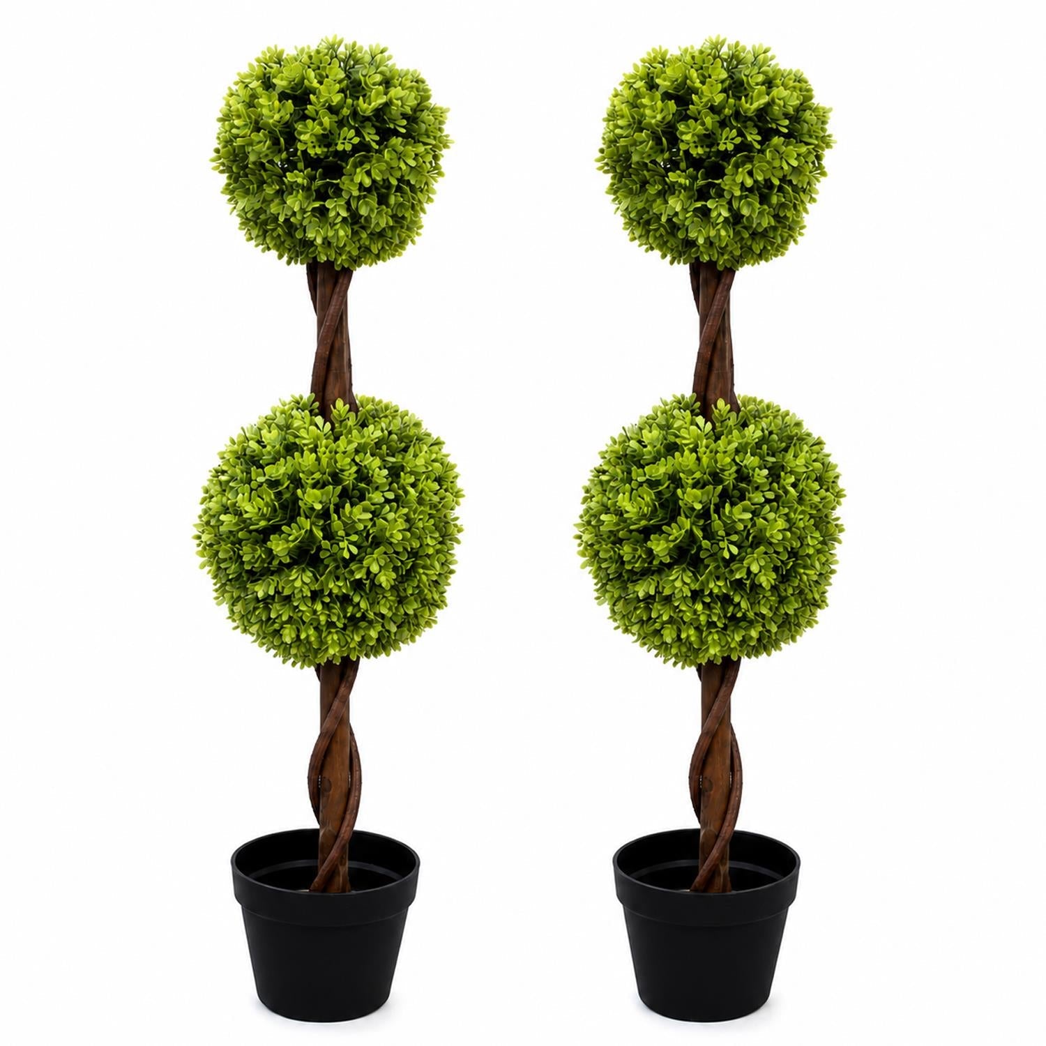 90cm Artificial Pair of Green Double Ball Topiary Trees