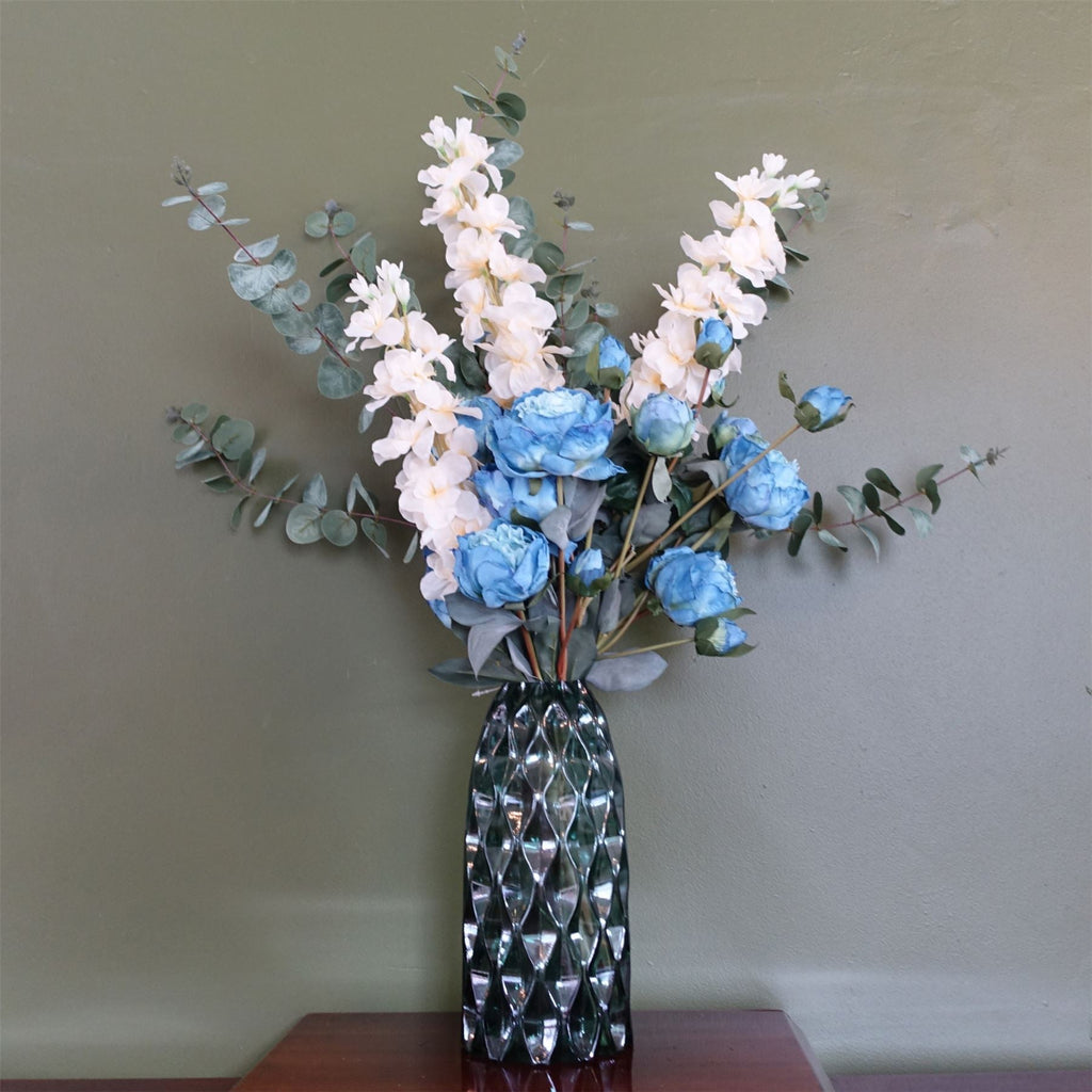 80cm Artificial Blue Peony White Delphinium Eucalyptus Glass Vase