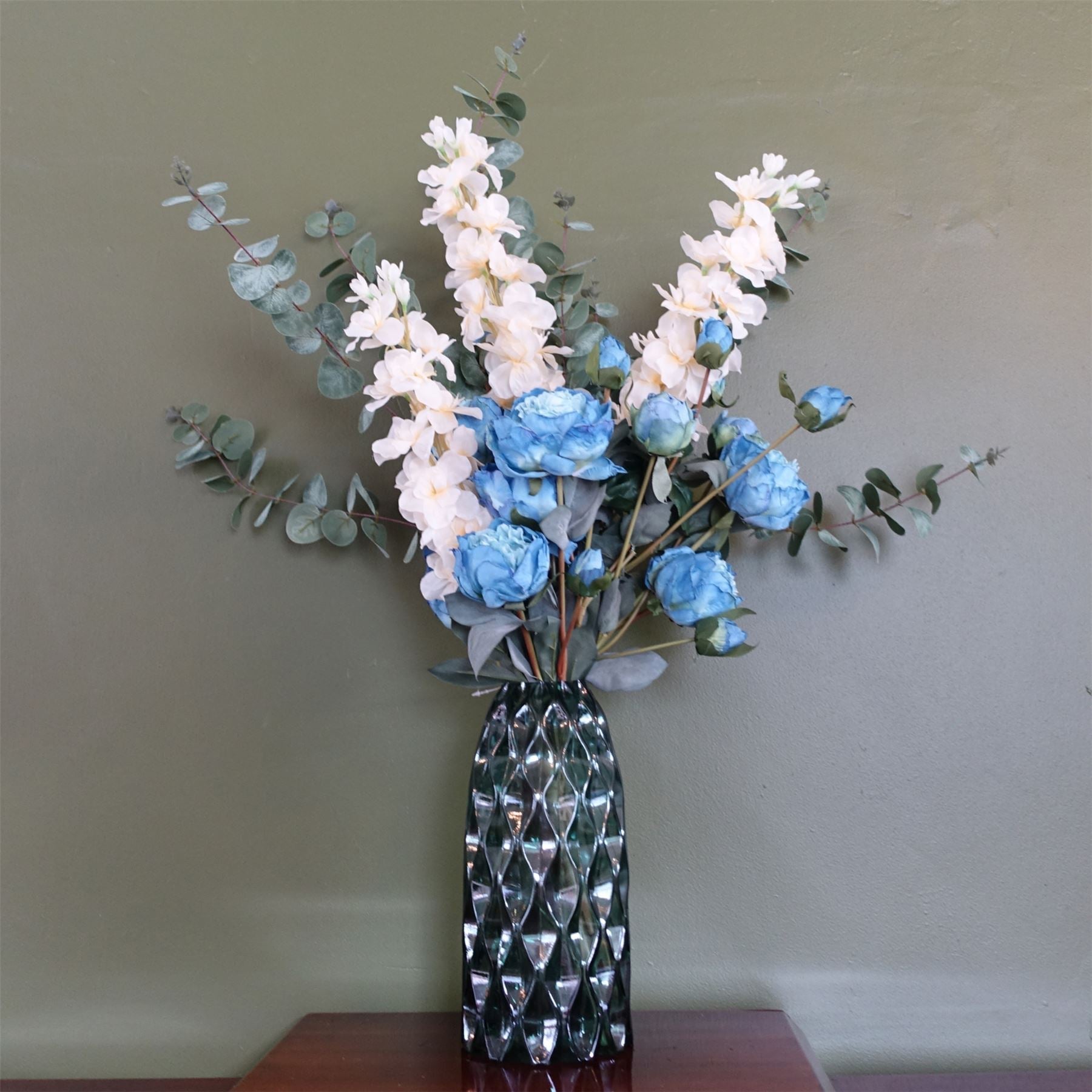 80cm Artificial Blue Peony White Delphinium Eucalyptus Glass Vase