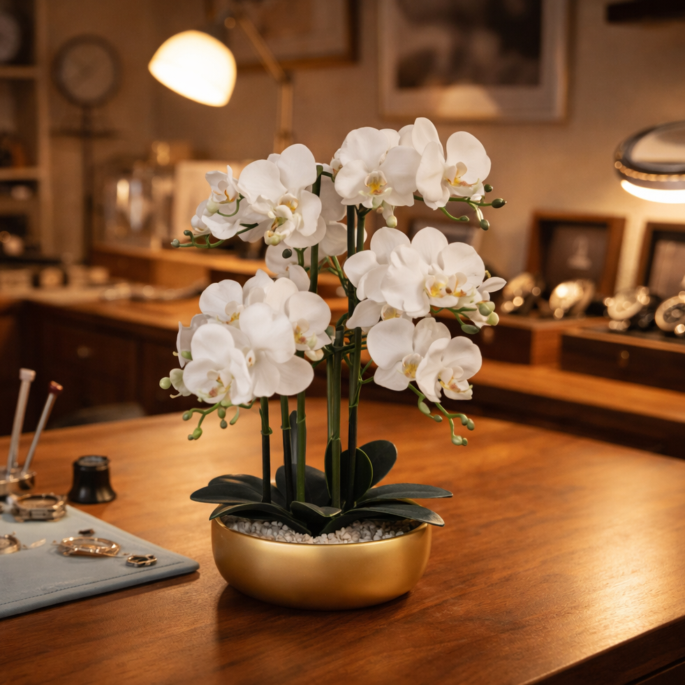 Artificial 60cm Orchid White Gold Ceramic Planter