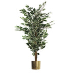 130cm Artificial Variegated White/Green Bushy Ficus Tree Gold Planter