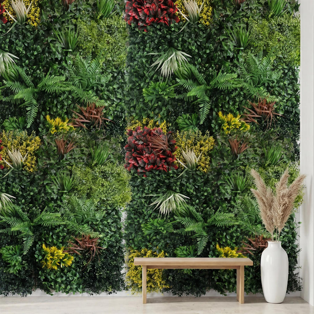 100cm Artificial Tropical Mixed Foliage Green Wall Panel Red Yellow