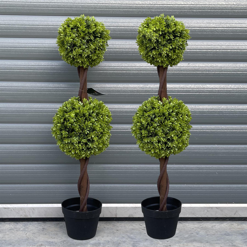 90cm Artificial Pair of Green Double Ball Topiary Trees