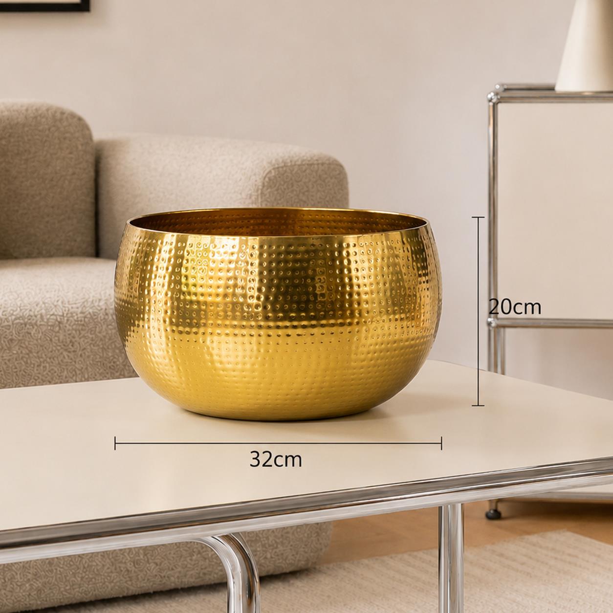Leaf Metal Bowl Planter 32 x 20cm Hammered Gold Colour Straight Edge