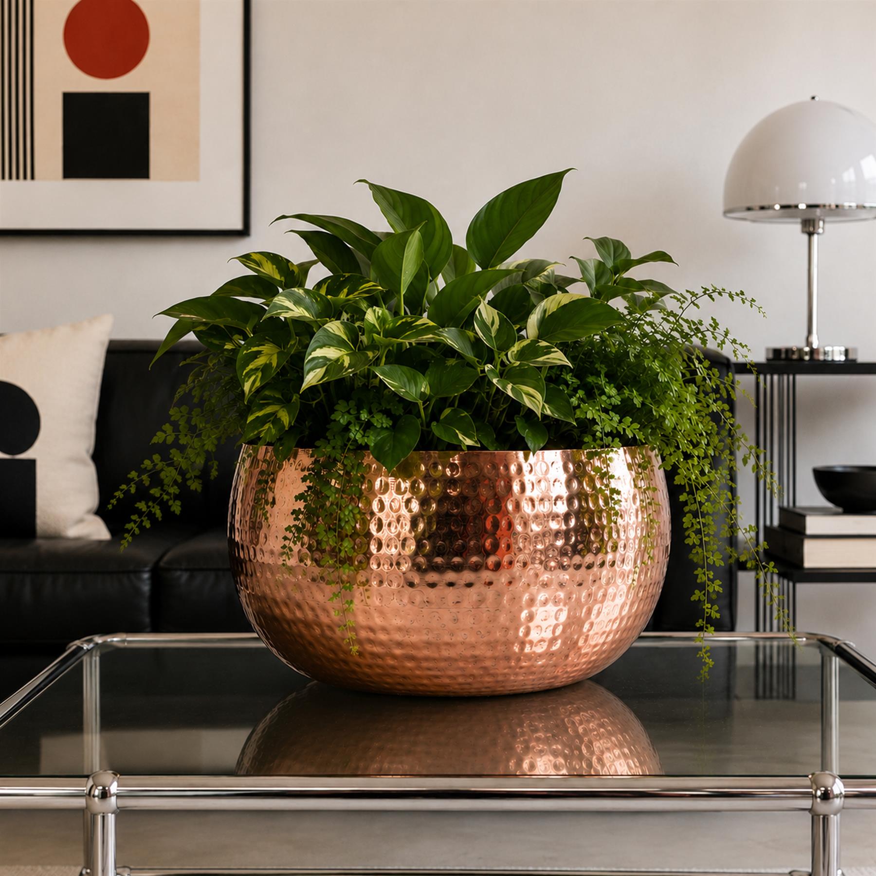 Leaf Metal Bowl Planter 32 x 20cm Hammered Copper Colour Straight Edge