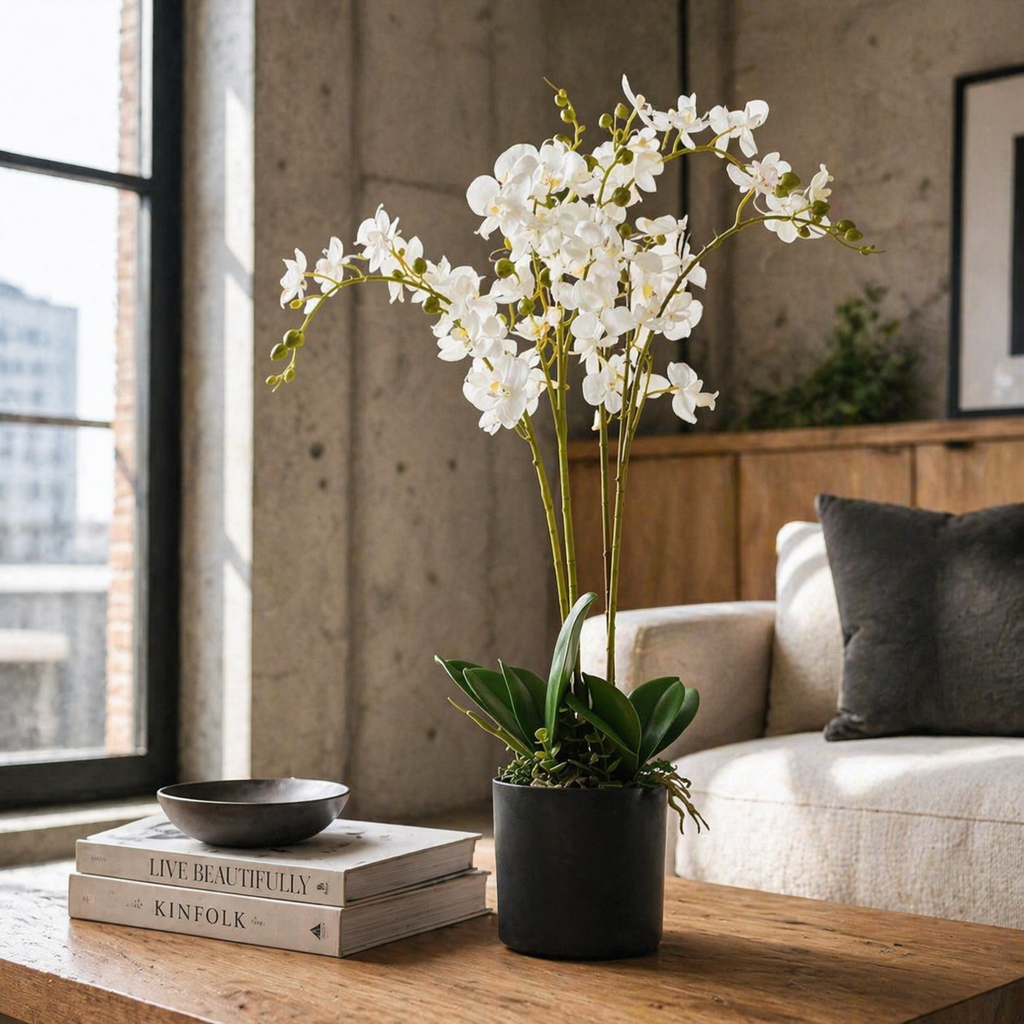 60cm Artificial Luxury Orchid Triple Stem White Realistic Plant