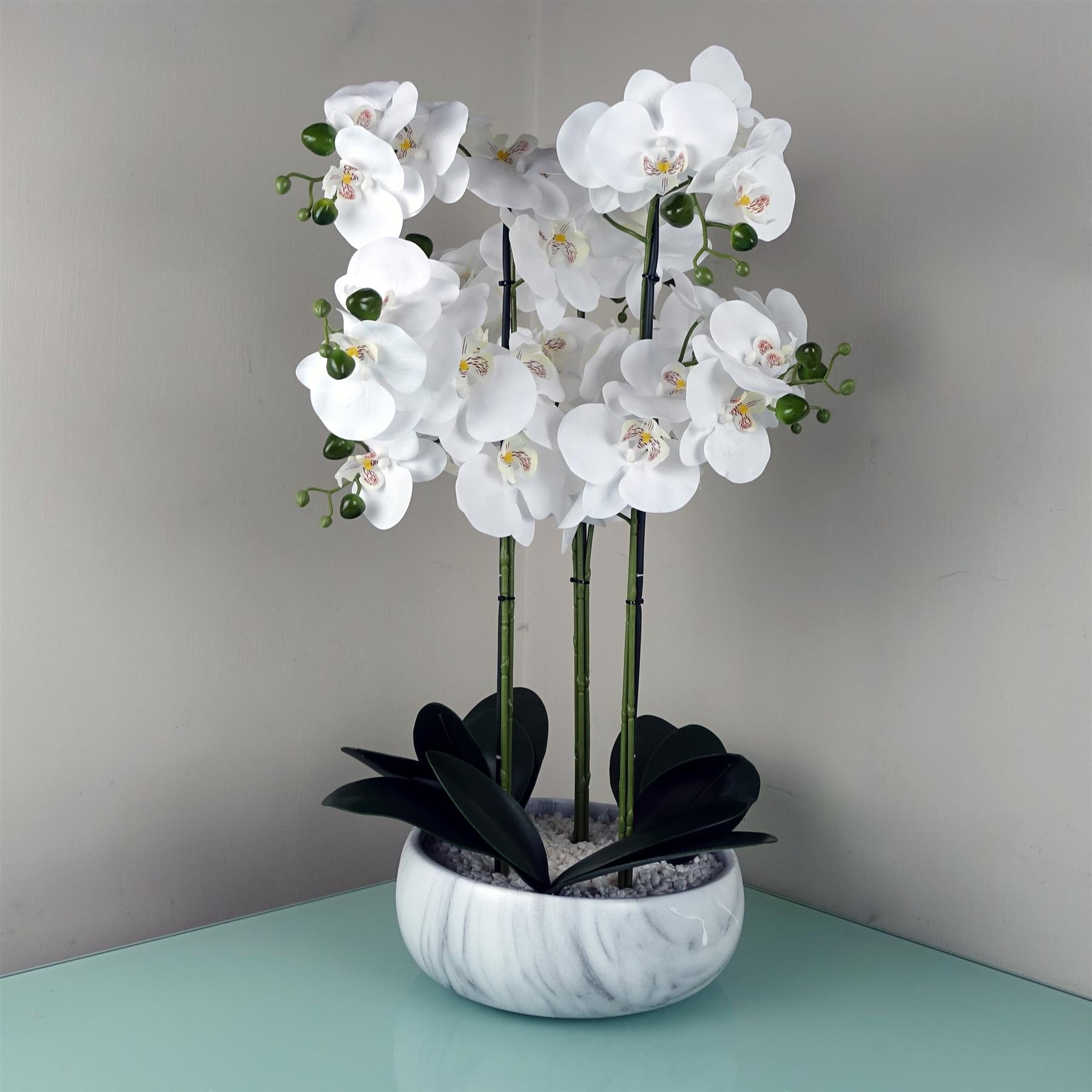 Artificial 60cm Orchid White Marble Effect Ceramic Planter
