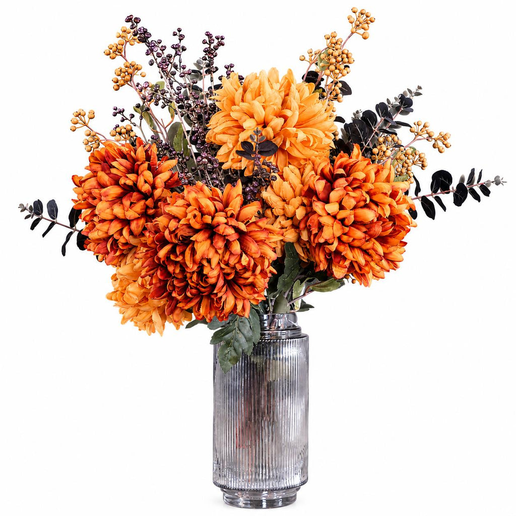 65cm Artificial Orange and Black Flower Arrangement Glass Vase
