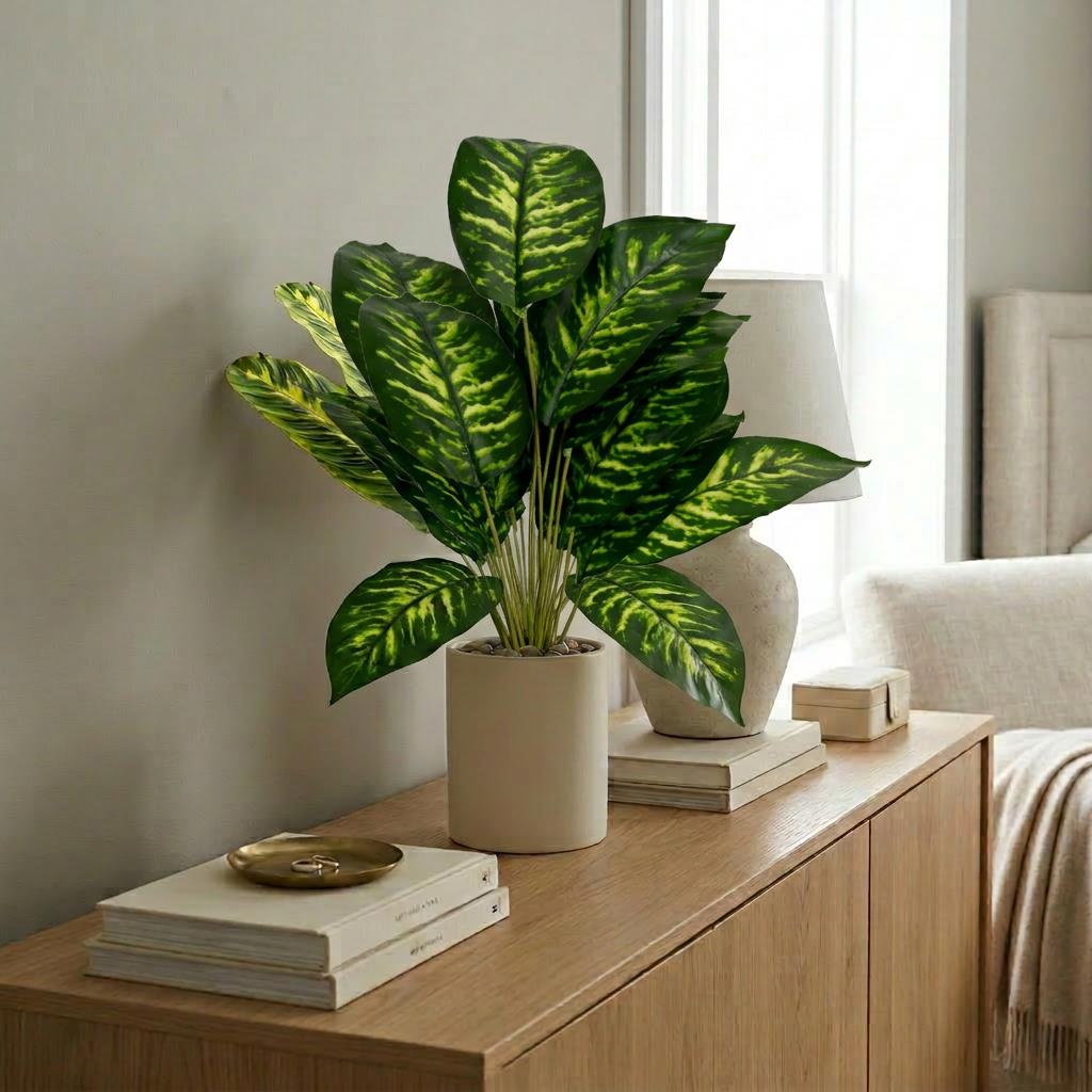 60cm Artificial Dieffenbachia Stem Plant Green Variegated Faux Foliage
