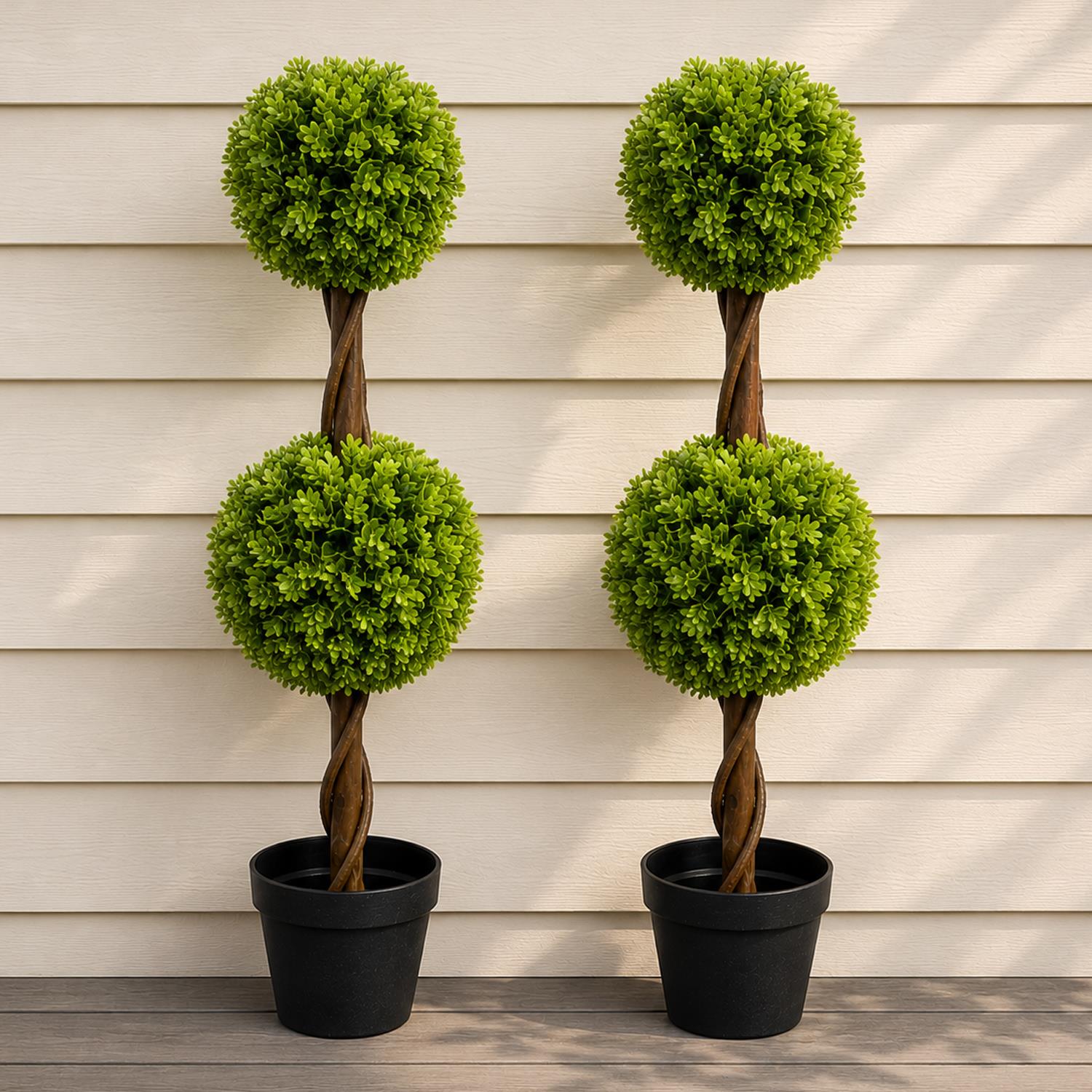 90cm Artificial Pair of Green Double Ball Topiary Trees